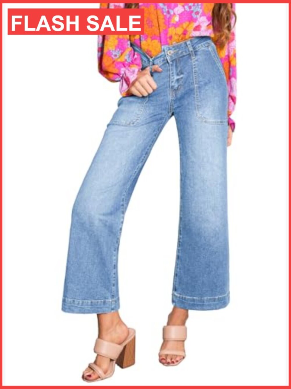 Stretchy Wide Leg High Waisted Jeans Tummy Control Cropped Ankle Denim Pants - Picture 2 of 7